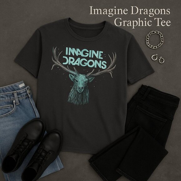 Imagine Dragons Tops - Imagine Dragons Band Tee S | Graphic Elk in Stars T-Shirt Gray 100% Cotton Rock
